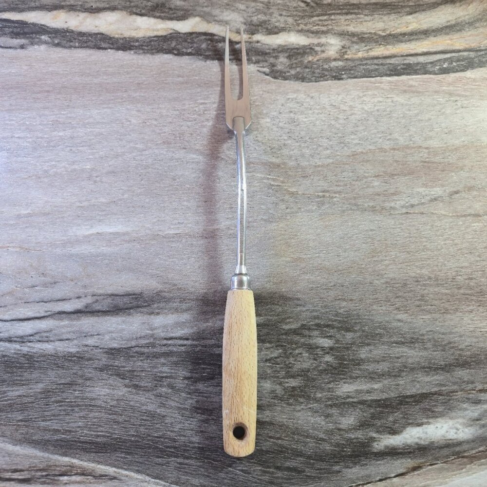 Ekco Eterna Carving Fork/Meat Fork Shaft Wood Handle 13” Long Vtg Kitchen USA